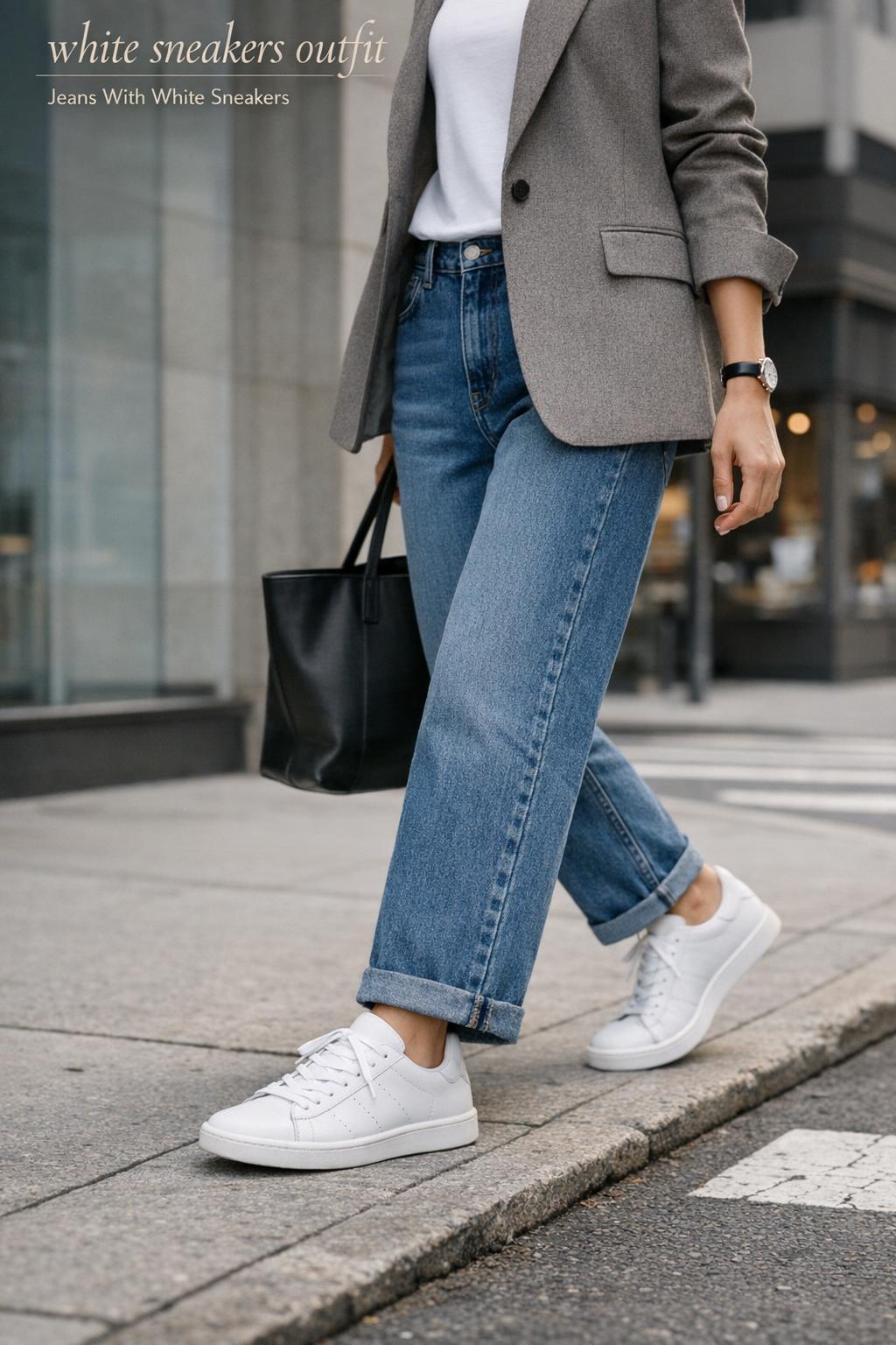 White sneakers outfit with cuffed jeans and warm gray blazer on a New York City sidewalk in soft morning light.