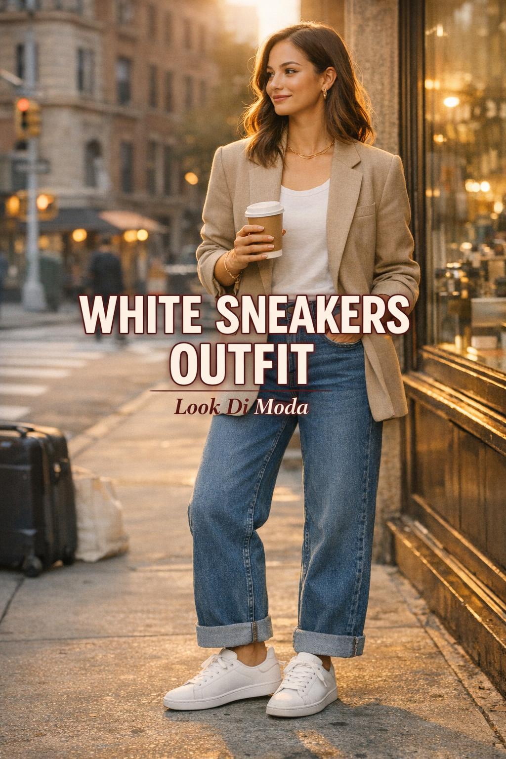 White sneakers outfit street style in NYC at golden hour, woman in neutral blazer and denim holding coffee on sidewalk