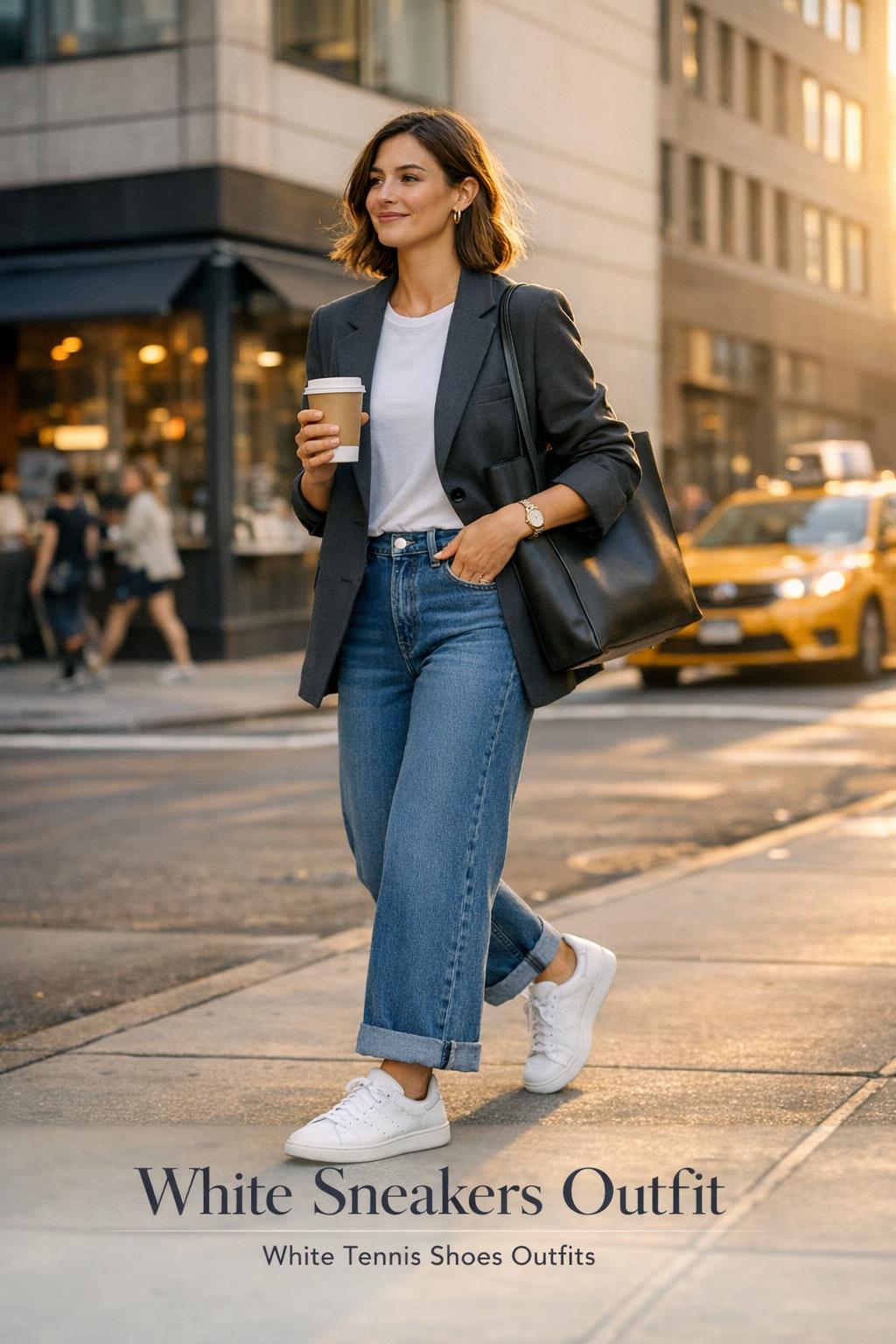 White sneakers outfit street style in NYC with blazer, wide-leg denim, and coffee, captured in golden hour light