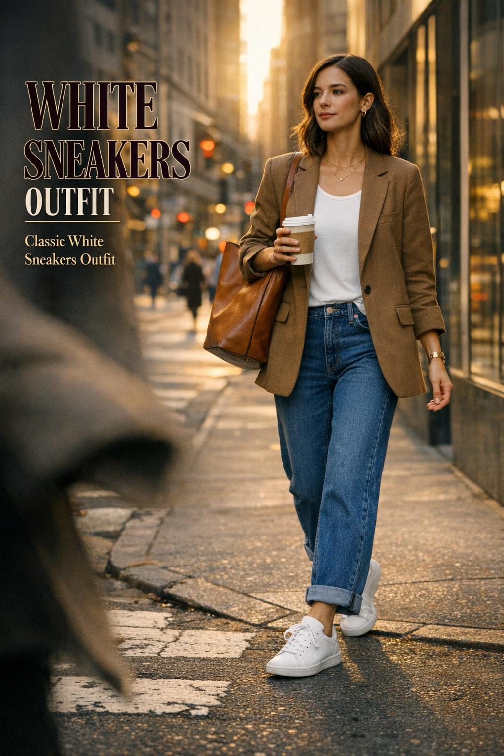 White sneakers outfit on NYC sidewalk: stylish woman in blazer and cuffed denim carrying coffee in golden-hour light