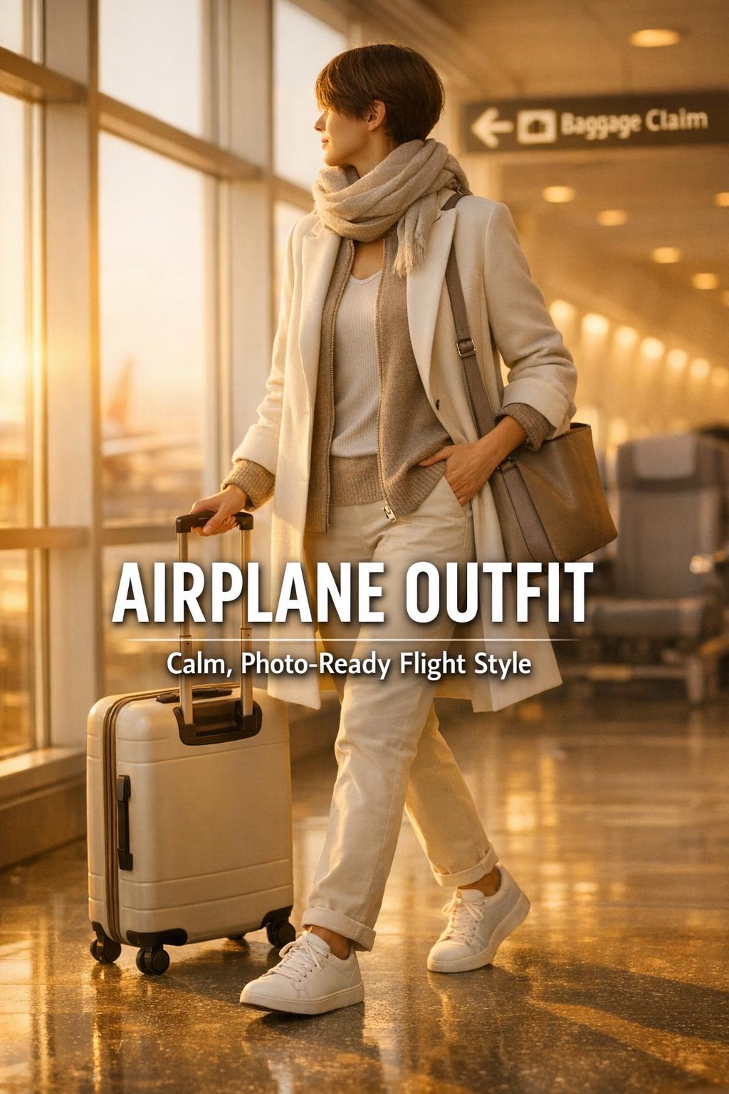 Airplane outfit in a warm golden-hour airport terminal with a stylish traveler and carry-on, calm photo-ready flight style