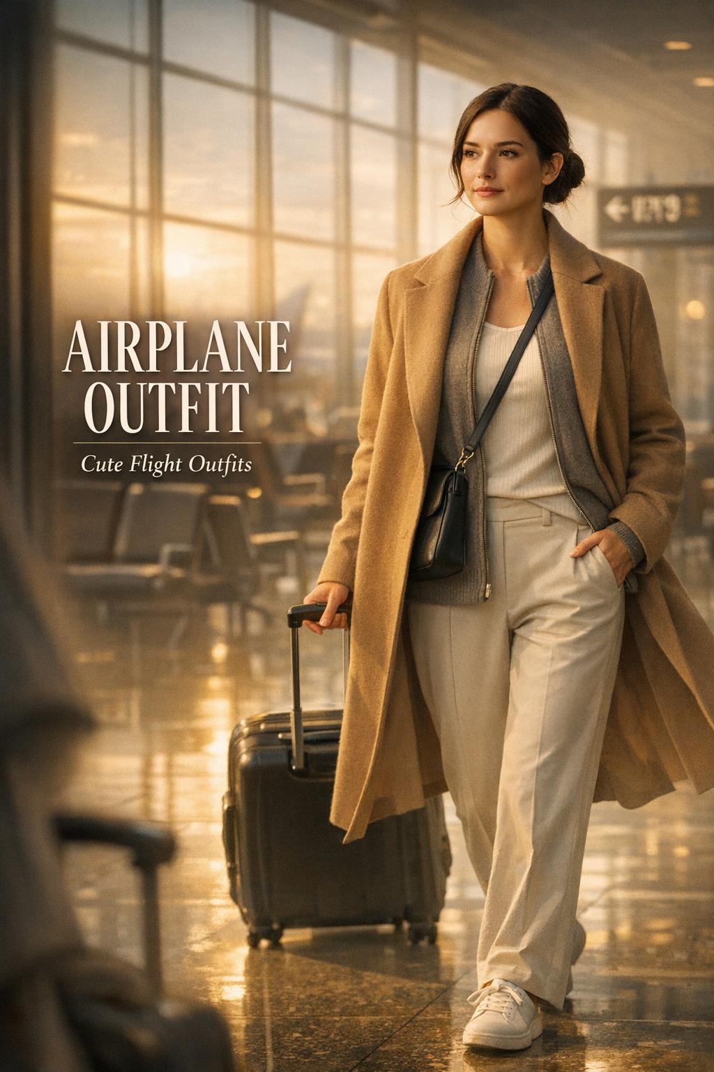 Airplane outfit inspiration: stylish woman in neutral layers walking through a modern airport terminal at golden hour