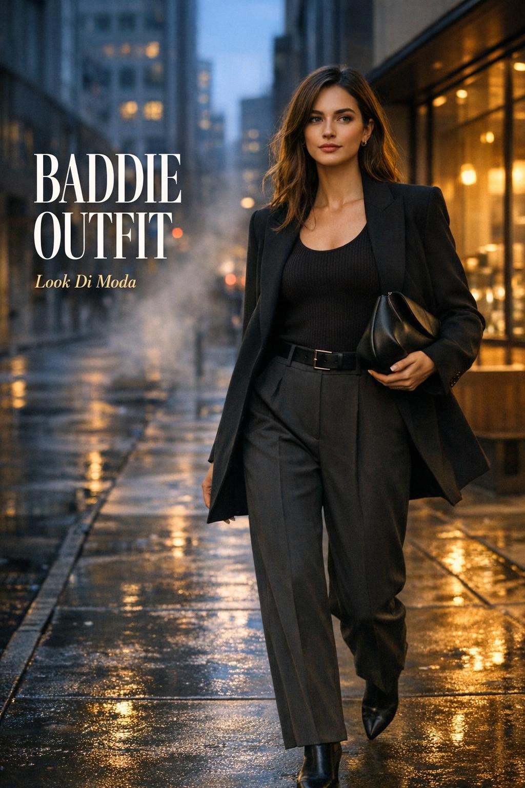 Baddie outfit on stylish woman walking past a coffee shop on a wet city street at blue hour, editorial look