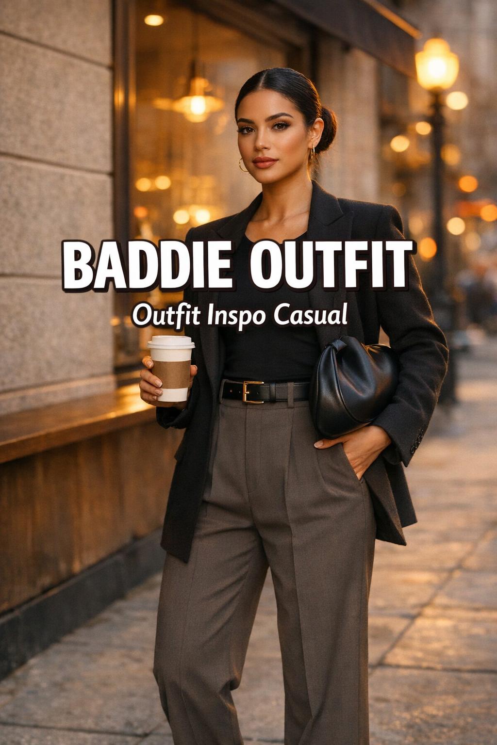 Baddie outfit street style: stylish woman in blazer and pleated trousers holding coffee on a warm city sidewalk