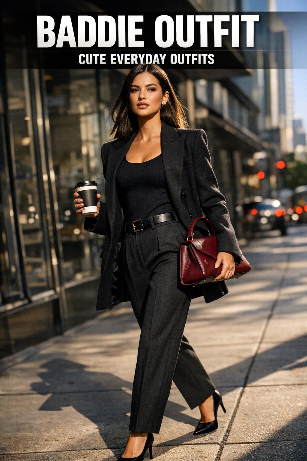 Baddie outfit photo featuring a sleek black crop top, high-waisted pants, and statement accessories in an urban setting