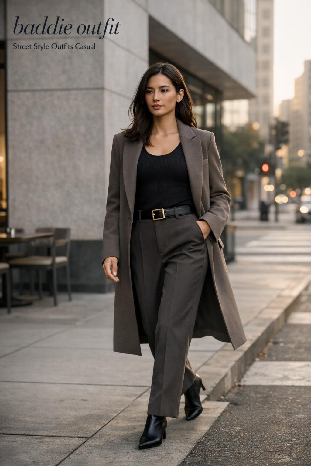 Baddie outfit street style photo of a woman in a black rib-knit top and tailored trousers walking by a modern cafe at golden hour