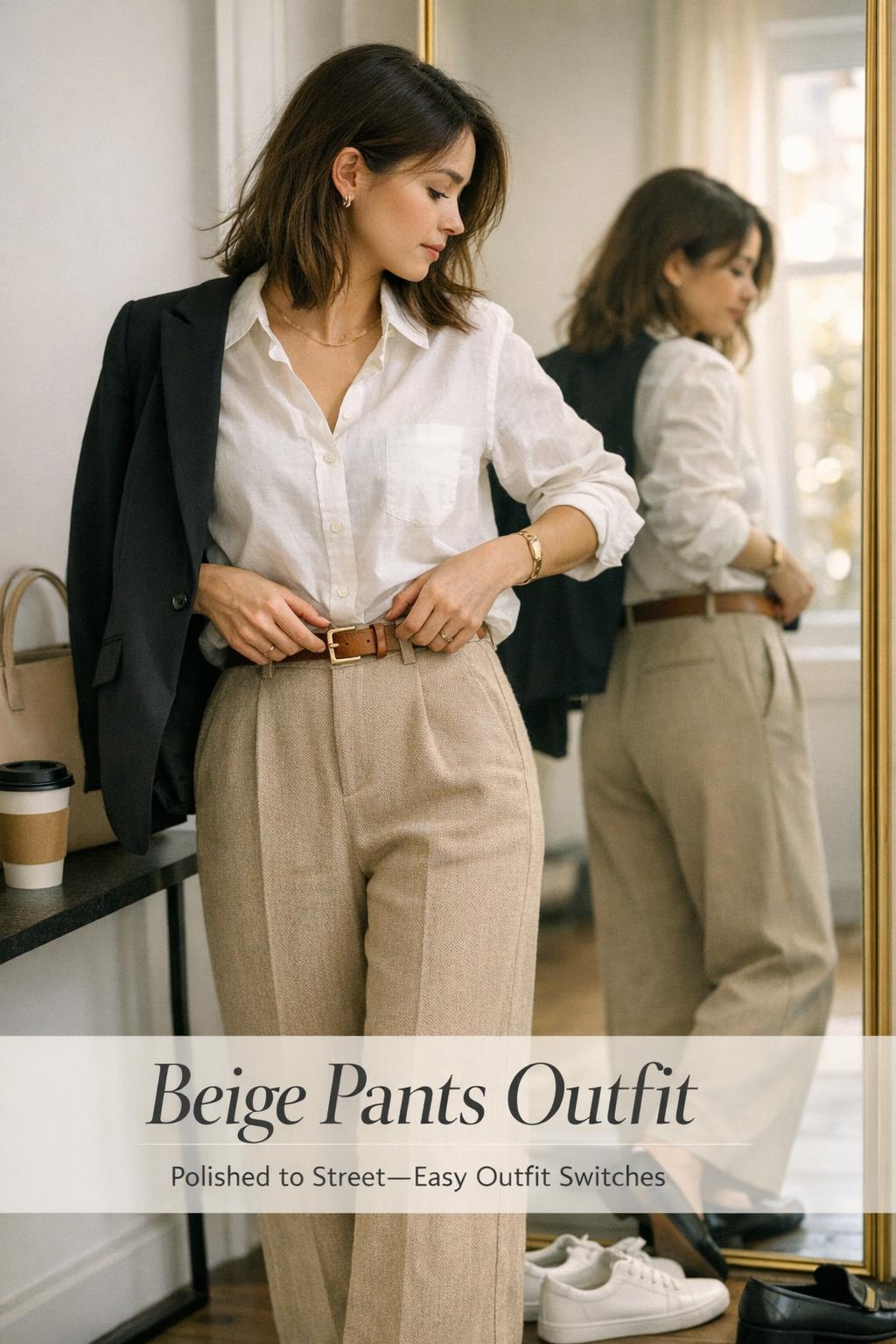Beige pants outfit mirror check in a modern entryway, woman adjusting belt with coffee and tote in soft morning light
