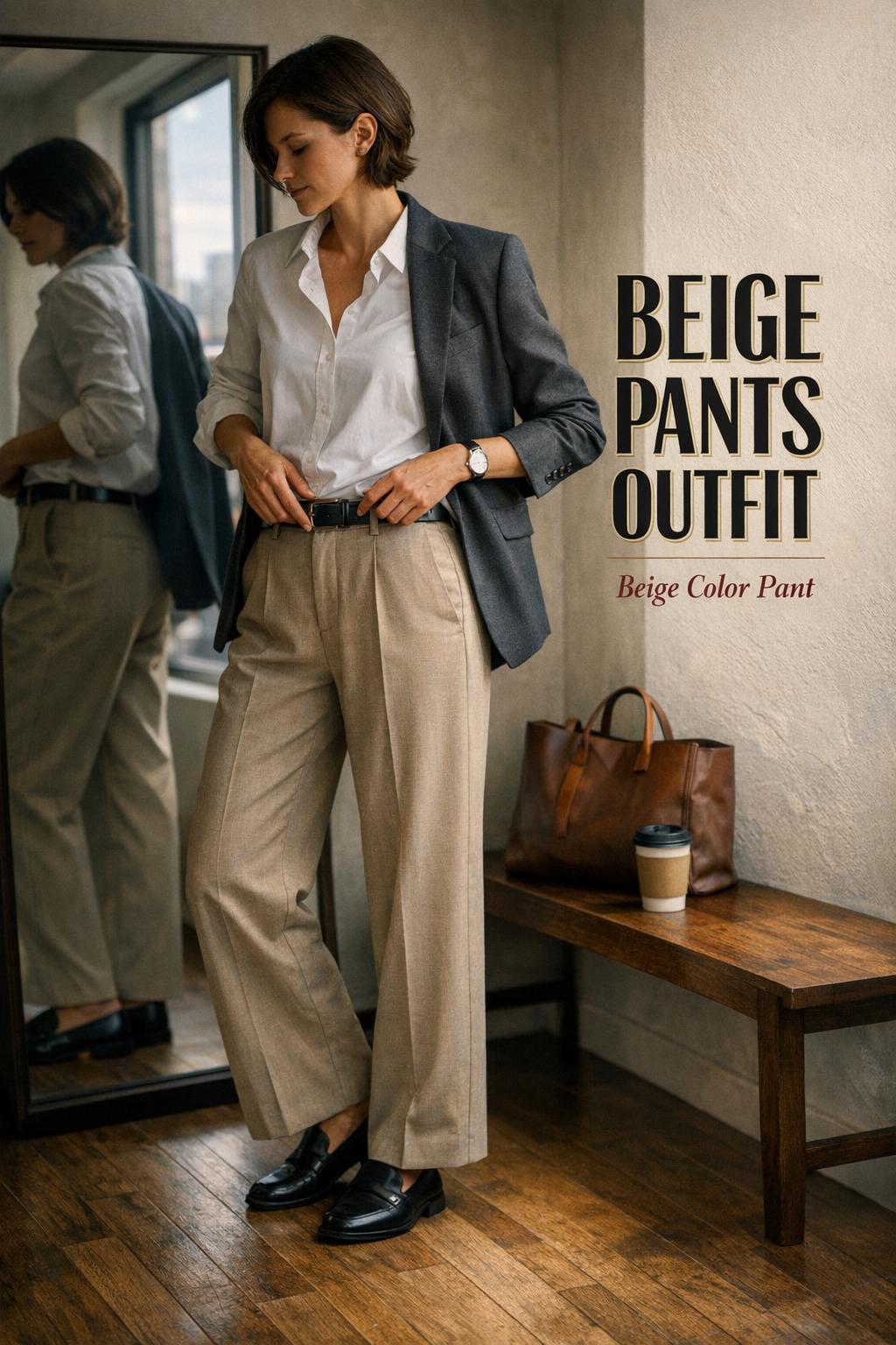Beige pants outfit mirror check in a modern city apartment entryway with blazer, white shirt, and loafers