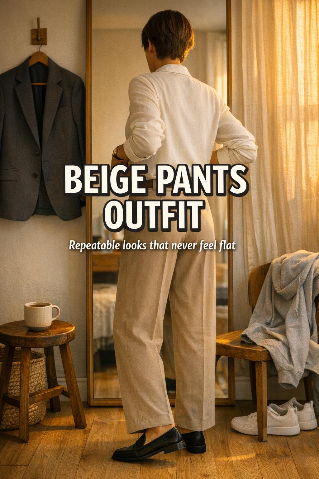 Beige pants outfit mirror check in a warm modern apartment entryway with blazer, loafers, and cozy golden-hour light