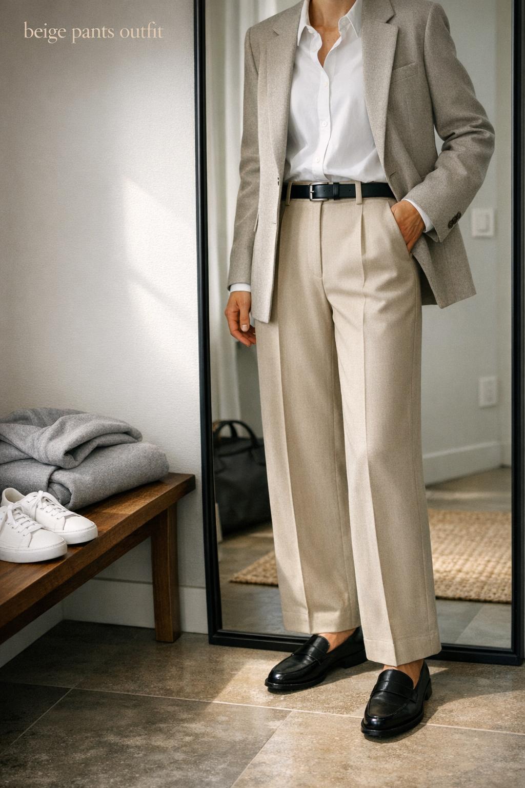 Beige pants outfit mirror check in a modern city apartment entryway with tailored trousers, blazer, and loafers