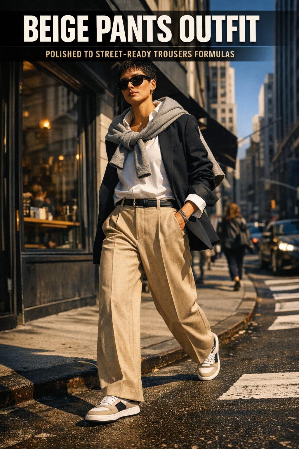 Beige pants outfit with crisp white shirt and neutral accessories in a modern street style photo