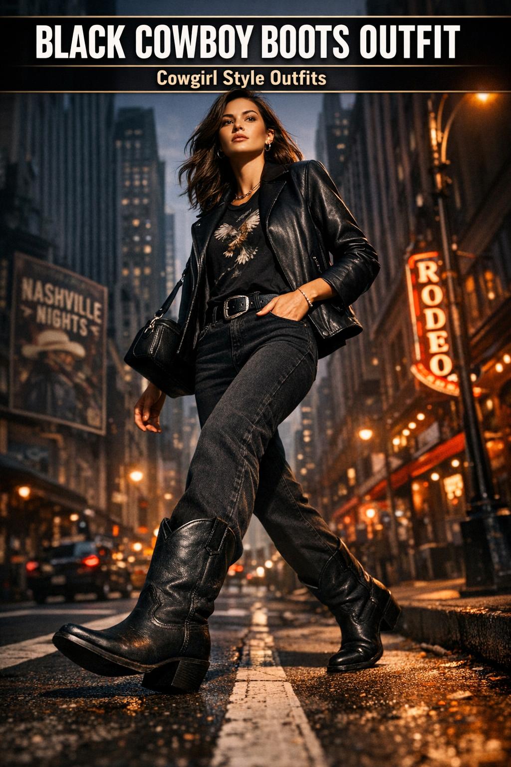 Black cowboy boots outfit with denim jeans and leather jacket on a rustic street