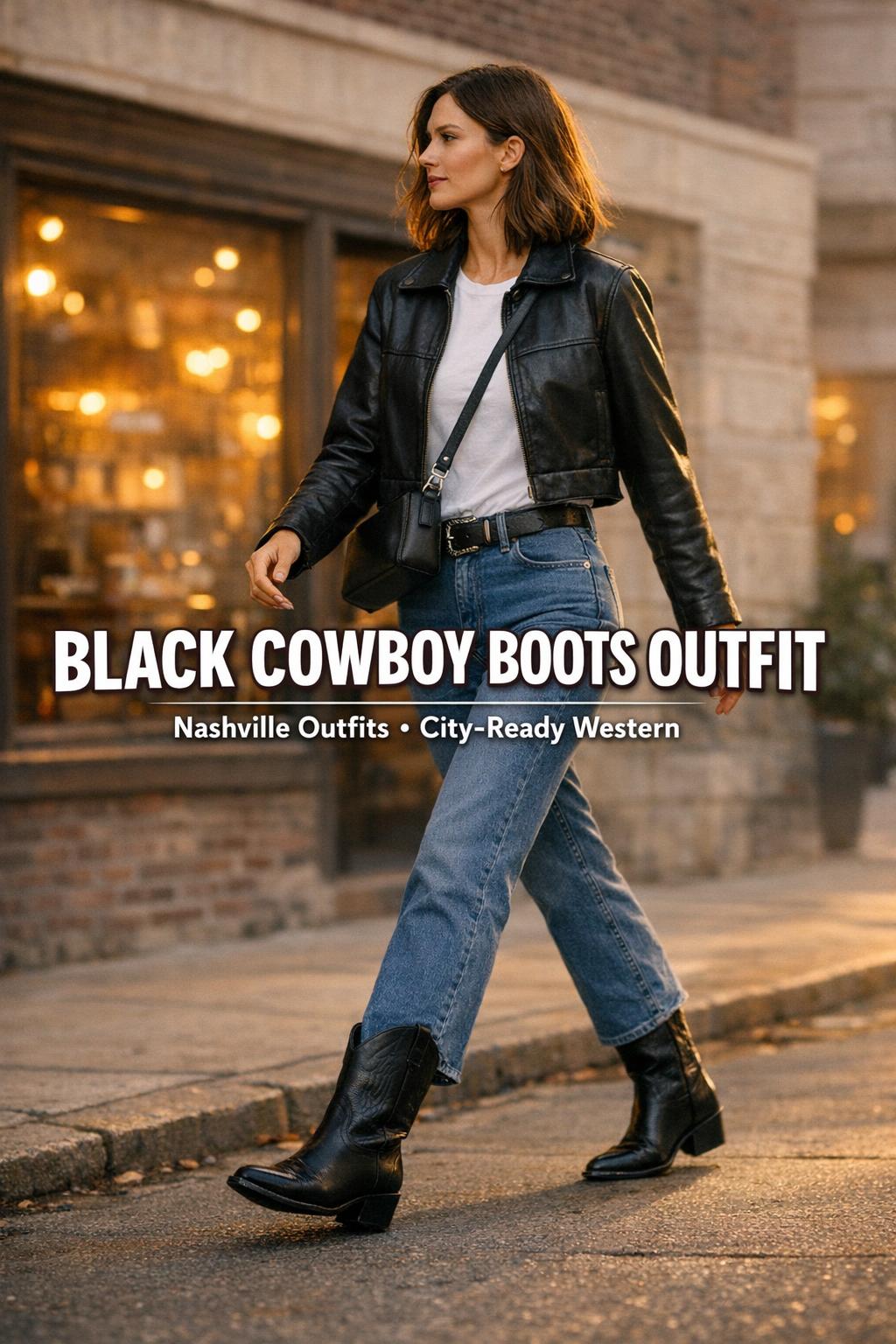 Black cowboy boots outfit on a modern woman in denim and blazer walking a golden-hour city street corner
