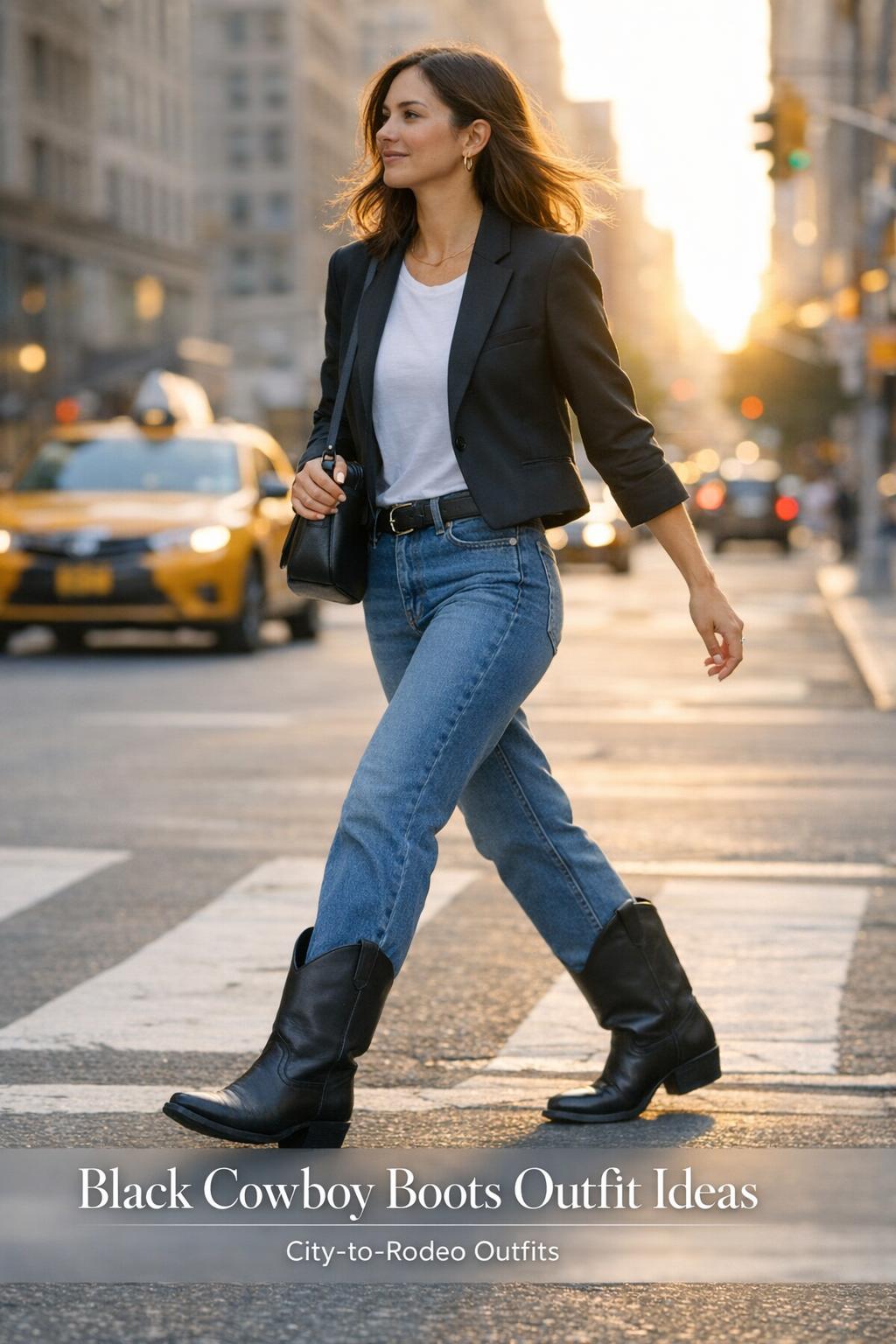 Black cowboy boots outfit on a confident woman crossing a New York street at golden hour, candid editorial style