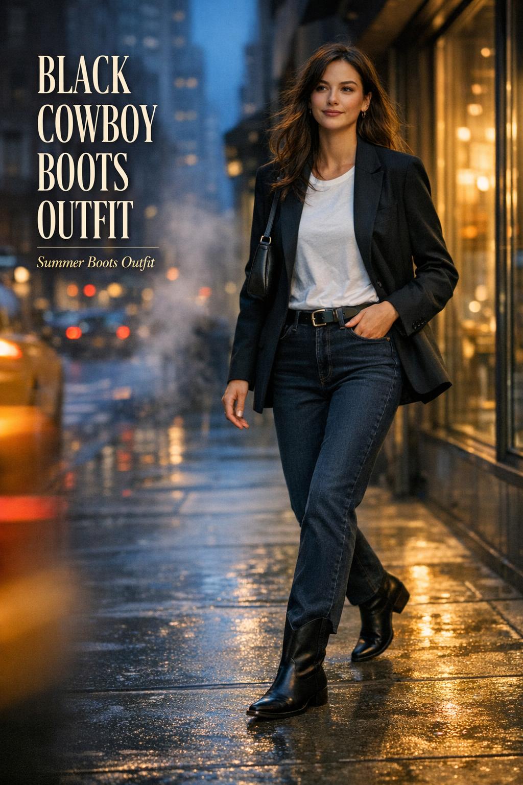 Black cowboy boots outfit on a stylish woman walking a wet Manhattan street at blue hour, warm window glow and bokeh