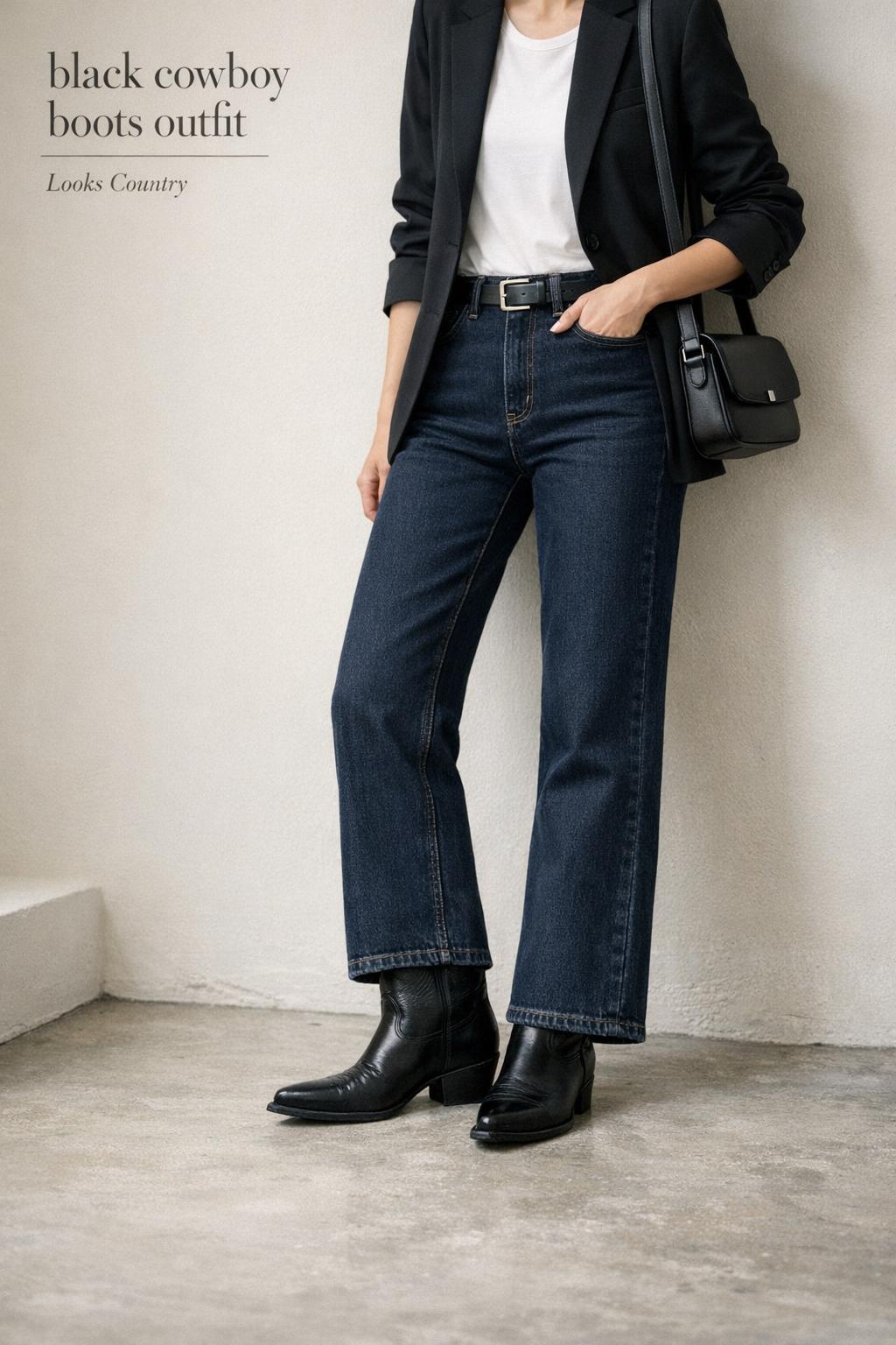 Black cowboy boots outfit with sleek leather boots and dark indigo jeans in a minimalist studio, modern western style