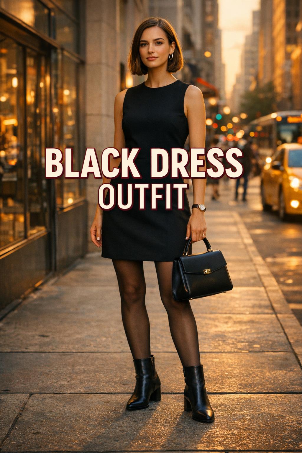 Black dress outfit on a confident woman in a modern U.S. city at golden hour with bold text overlay