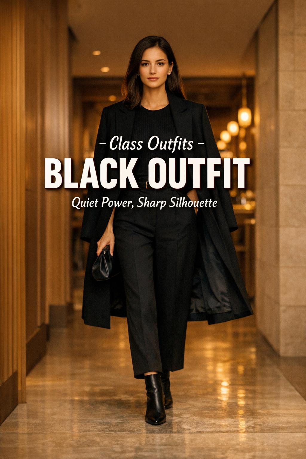 Stylish woman in a black outfit walking through a warm, modern hallway into a lounge entrance at golden hour