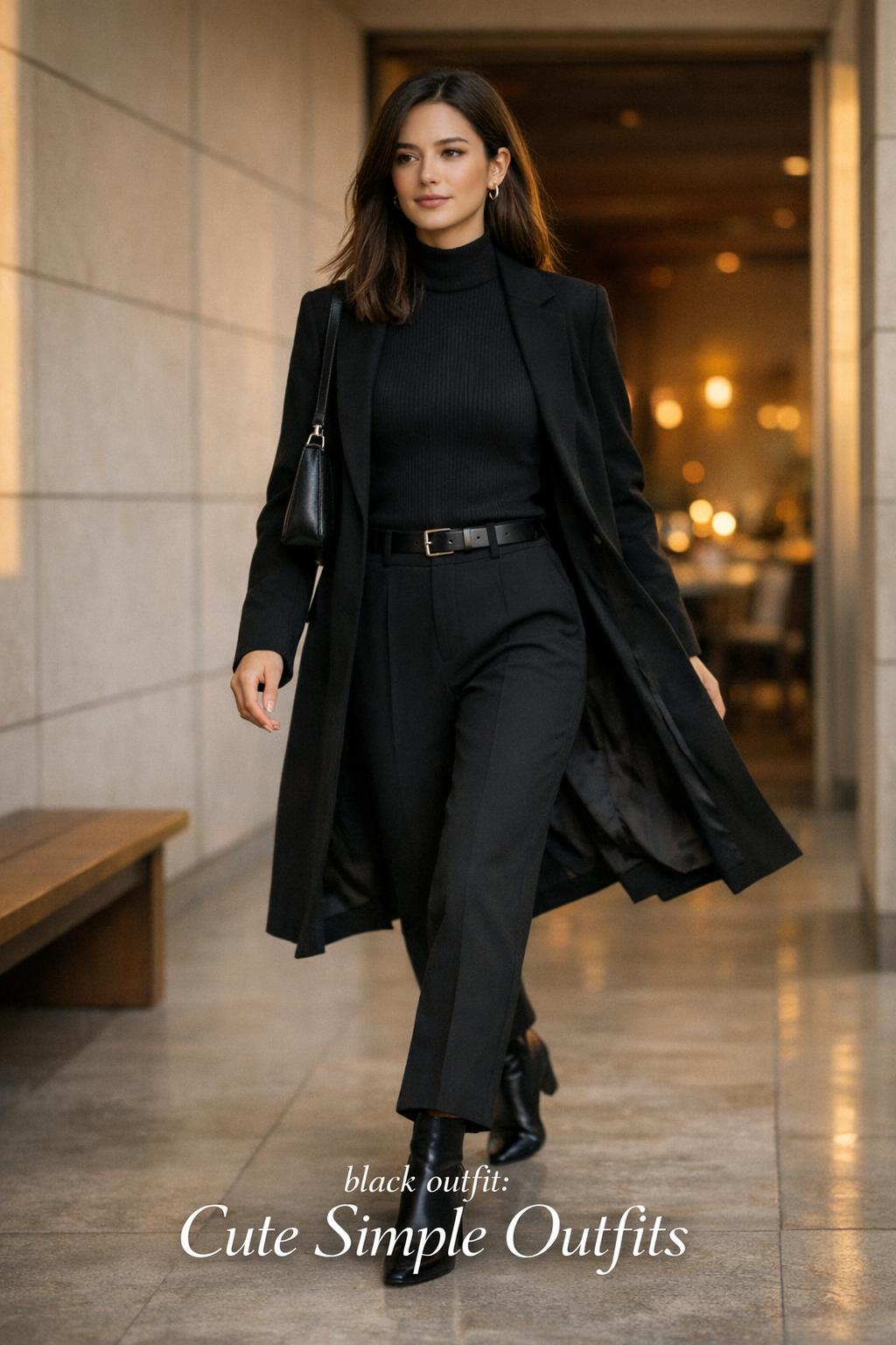 Black outfit inspiration: stylish woman in all-black walking through a minimalist hallway with warm dinner lights behind