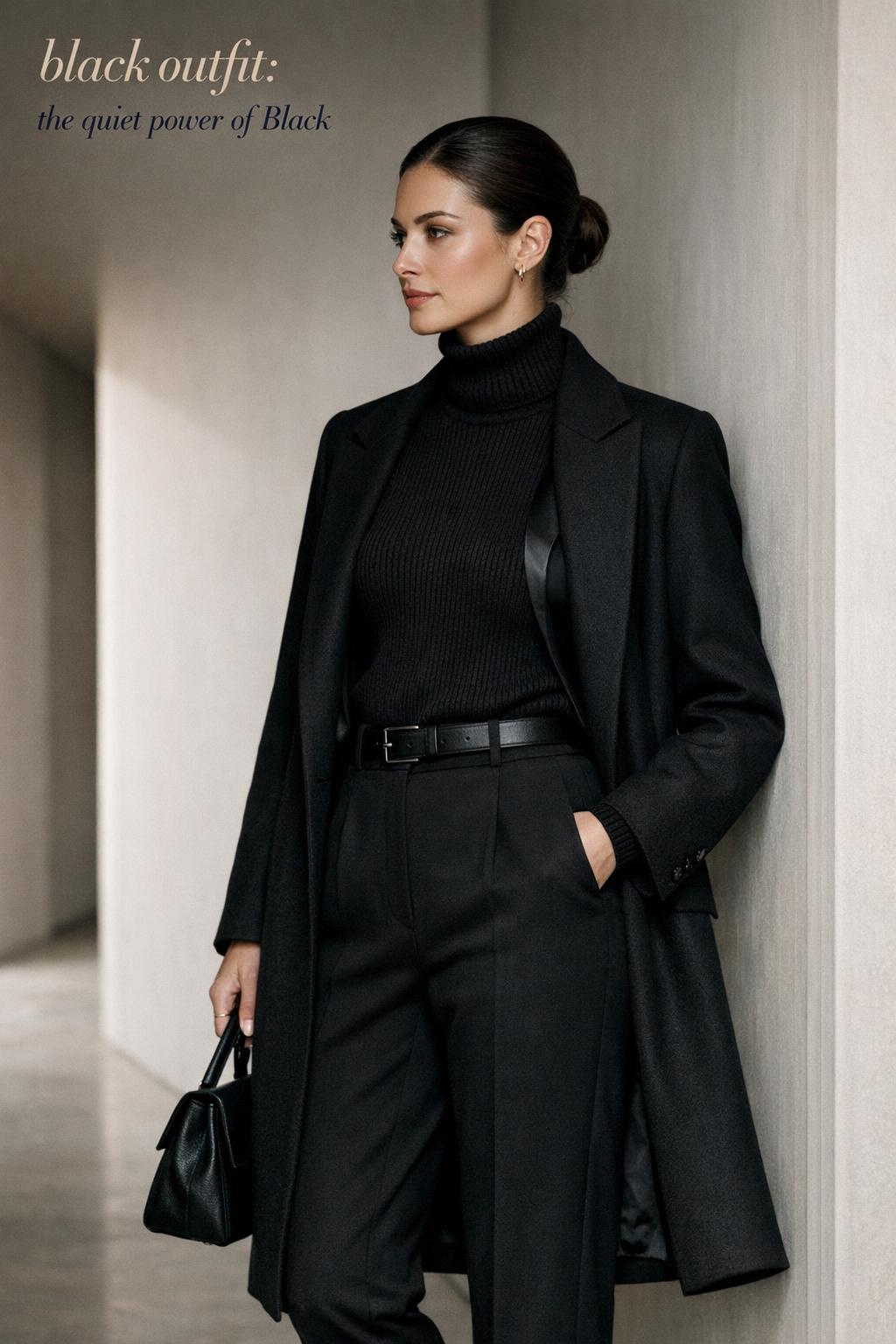 Modern woman in a black outfit with tailored trousers and coat in a minimalist hallway, editorial fashion photo