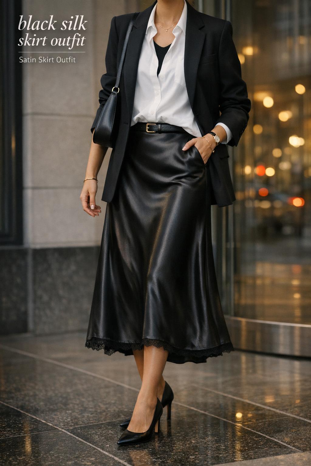 Black silk skirt outfit with white shirt and blazer at dusk outside a glass lobby, editorial city styling with heels
