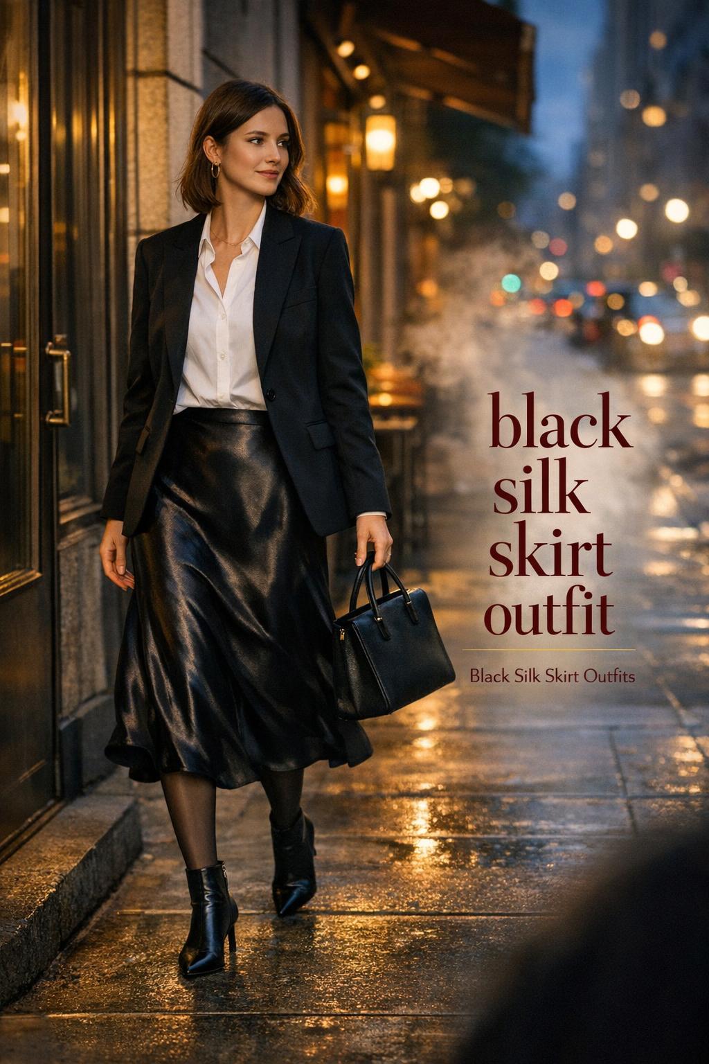 Elegant woman in a black silk skirt outfit stepping out of a downtown building at dusk, moody city street background
