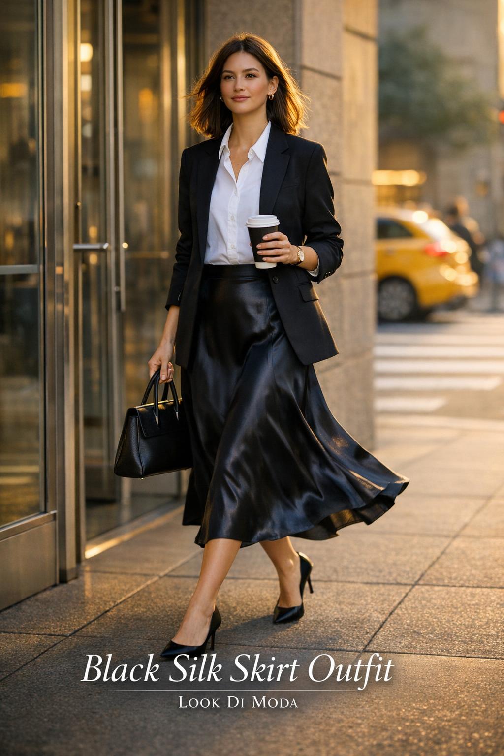 Black silk skirt outfit with white button-down and blazer, woman stepping into golden-hour light outside a city office