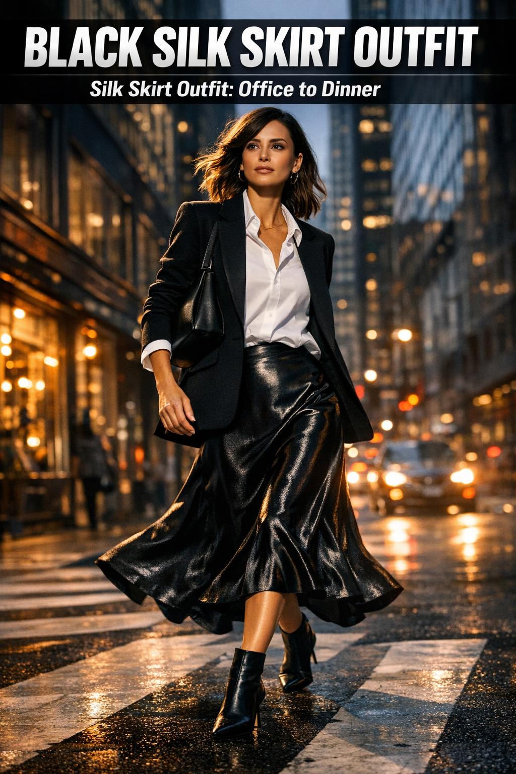 Black silk skirt outfit photographed with a sleek, minimalist top and elegant accessories in soft natural light.