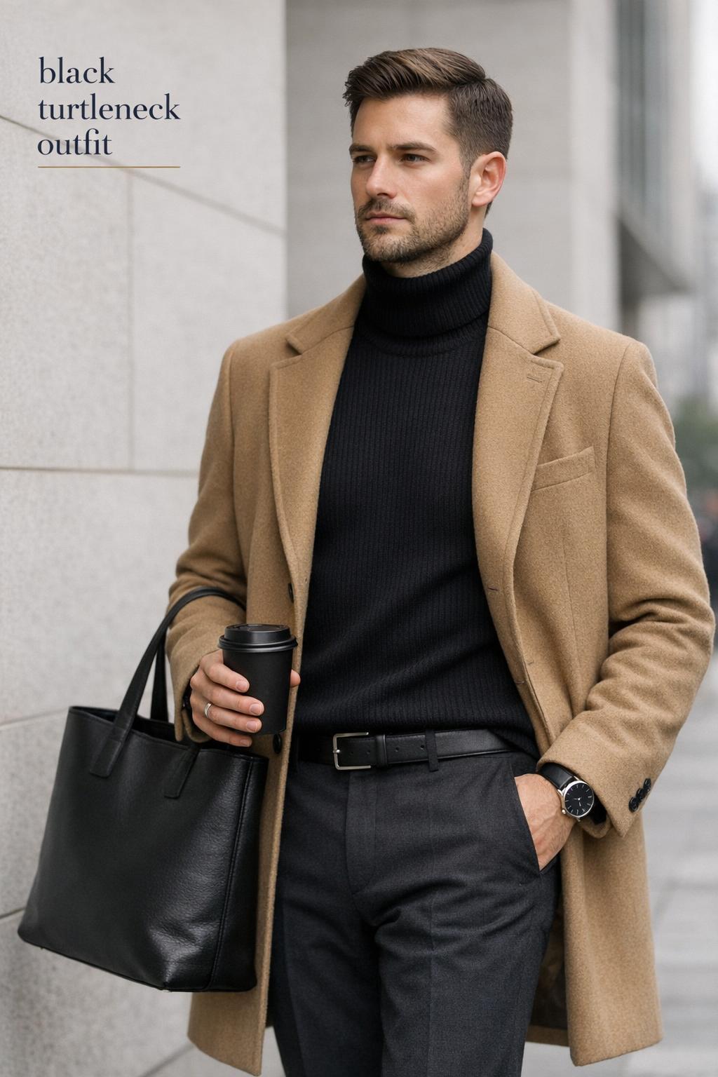 Stylish man in a black turtleneck outfit with camel overcoat and charcoal trousers outside a modern building