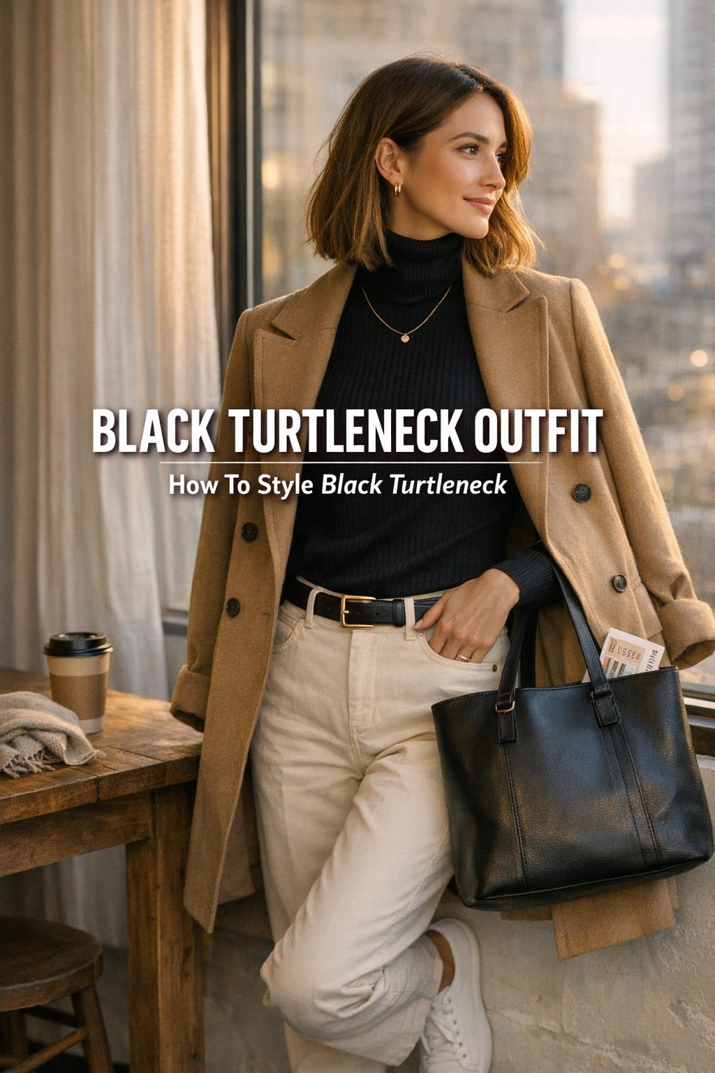 Woman in a black turtleneck outfit with camel trench by a café window in warm golden-hour light