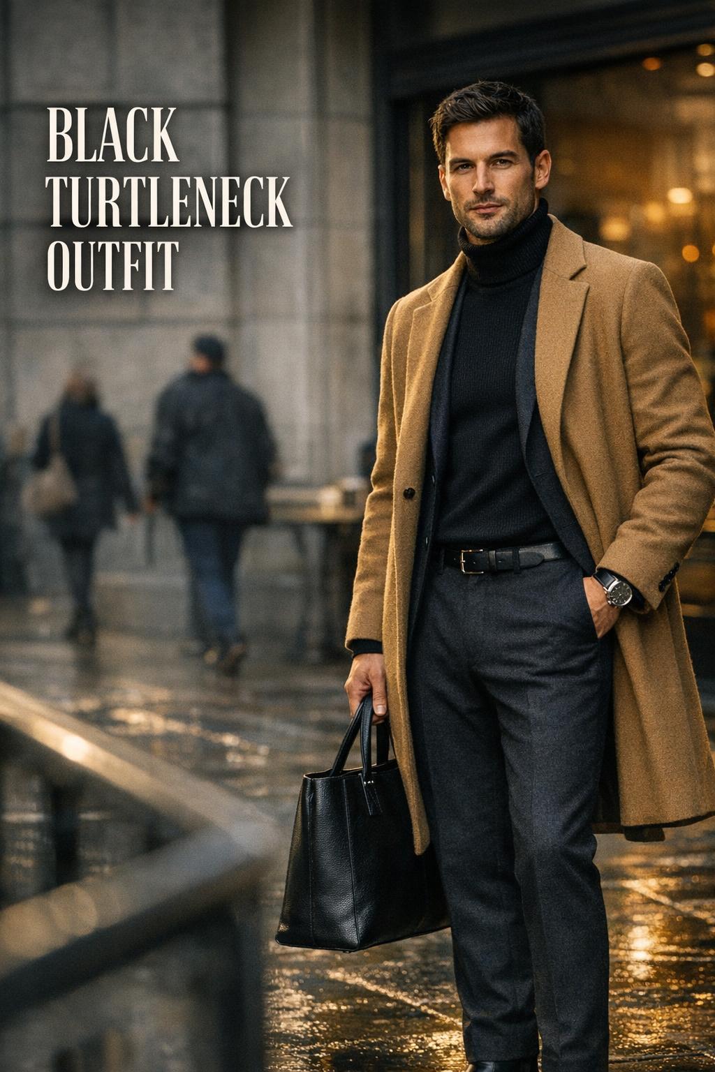 Black turtleneck outfit for men with camel overcoat, tailored trousers and Chelsea boots on a moody city street