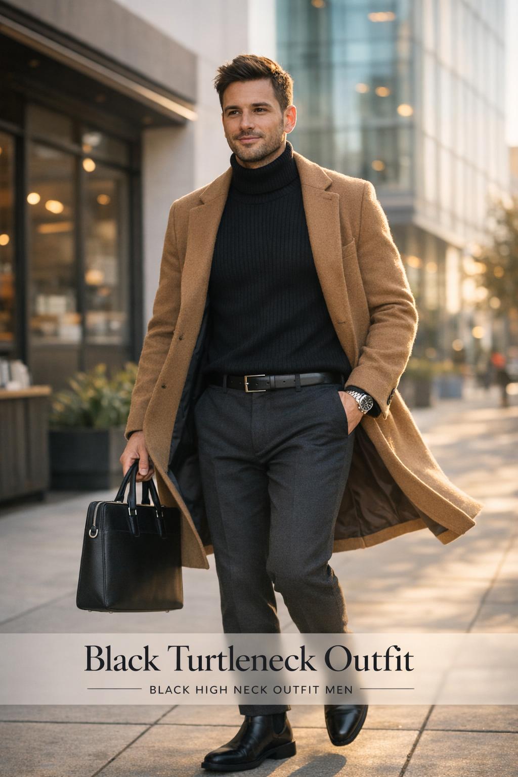 Man walking in city wearing a black turtleneck outfit with camel overcoat, charcoal trousers and Chelsea boots at golden hour