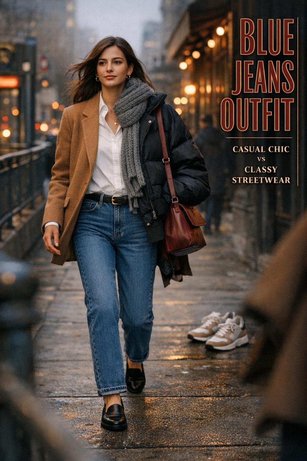 Blue jeans outfit on a stylish woman walking past a boutique café at golden hour, casual chic vs classy streetwear styling