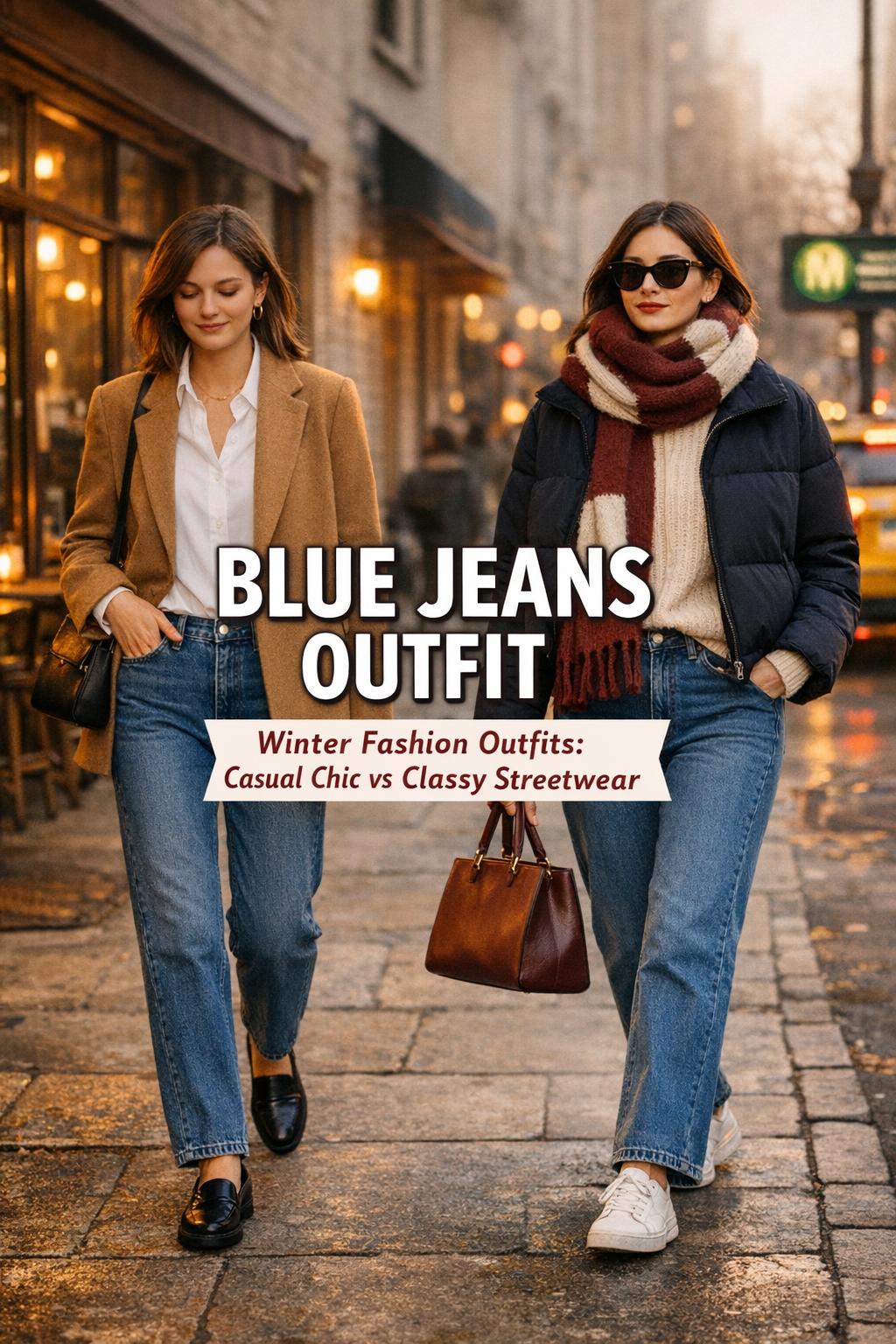 Blue jeans outfit inspiration with two women in winter street style, casual chic and classy streetwear on a city sidewalk
