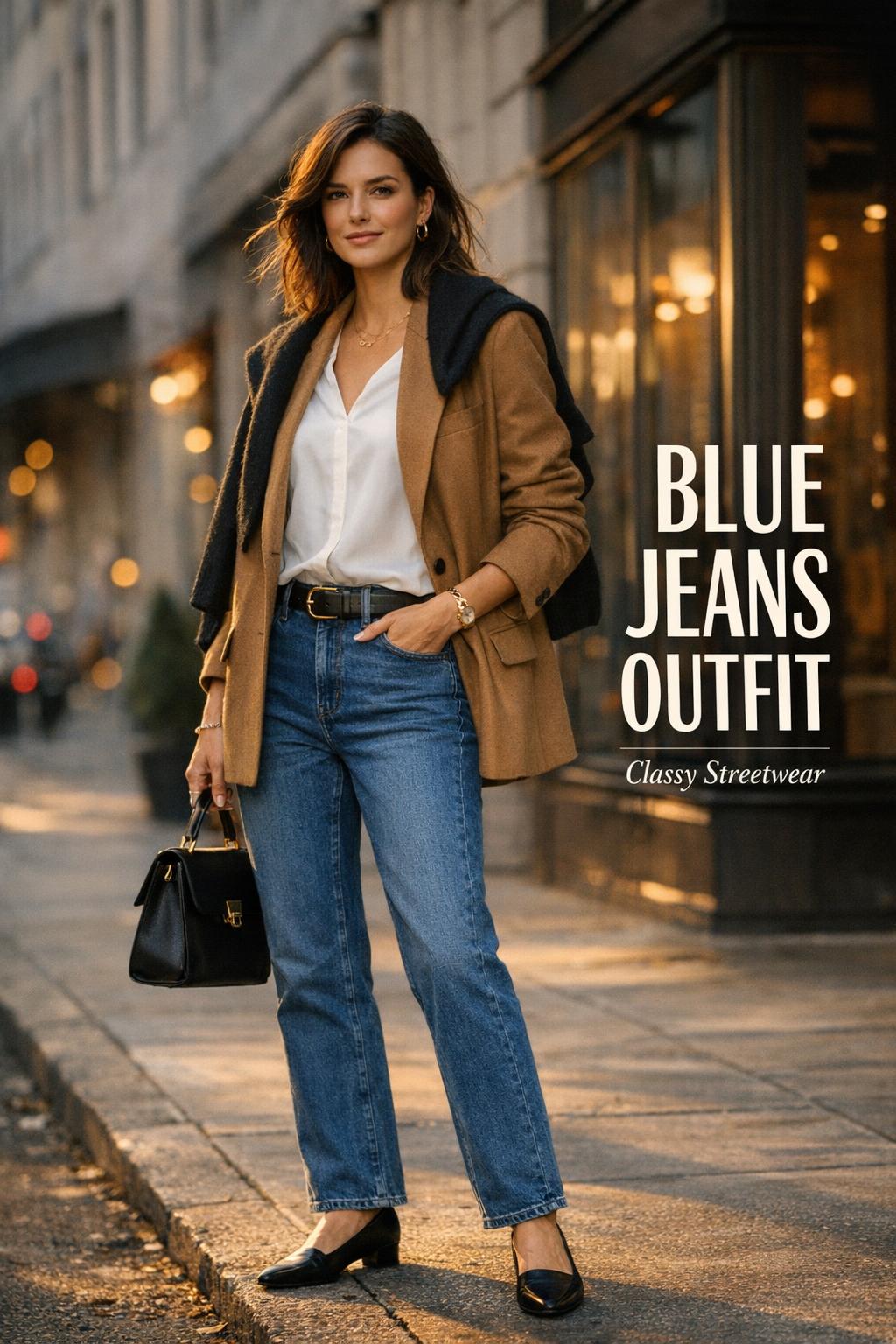 Blue jeans outfit with blazer and white tee on a modern woman walking city street at golden hour