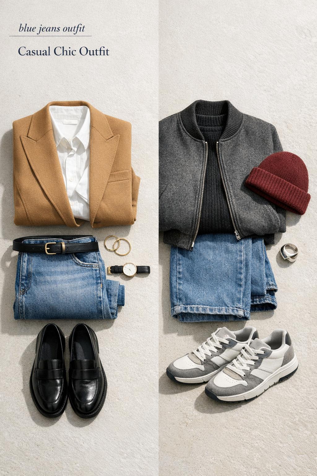 blue jeans outfit flat lay contrasting casual chic and classy streetwear on stone tabletop in soft natural light