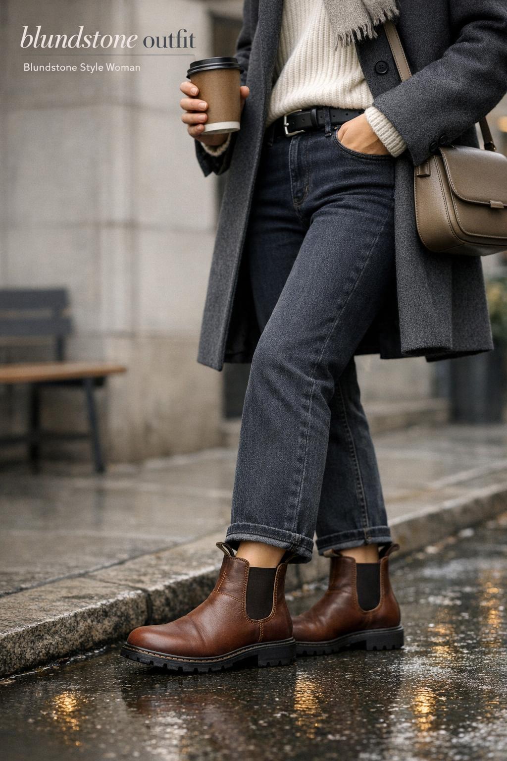 Blundstone outfit street style with brown Chelsea boots on a rainy café sidewalk, cropped denim and tailored coat