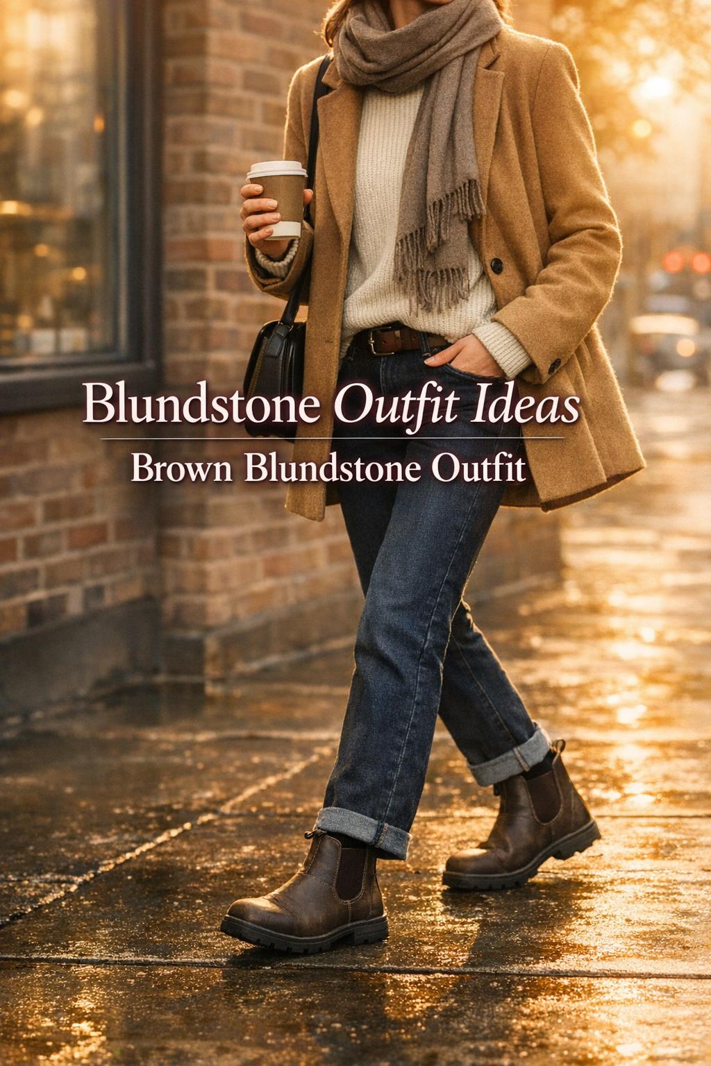 Blundstone outfit with brown Chelsea boots, dark jeans, cream sweater and camel coat on a wet city sidewalk at golden hour