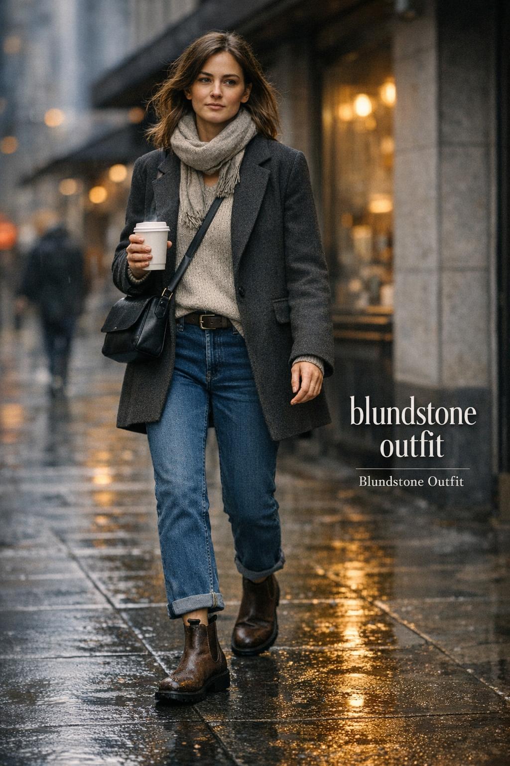 blundstone outfit on a stylish woman walking a rainy city sidewalk with coffee, boots visible in cinematic light