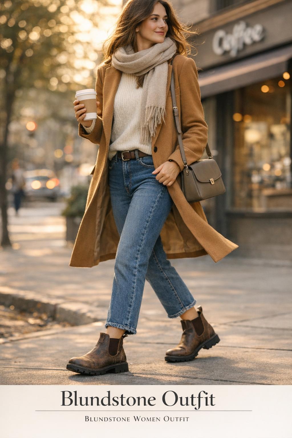 Blundstone outfit street-style photo of a woman walking by a coffee shop in rustic brown Chelsea lug boots at golden hour