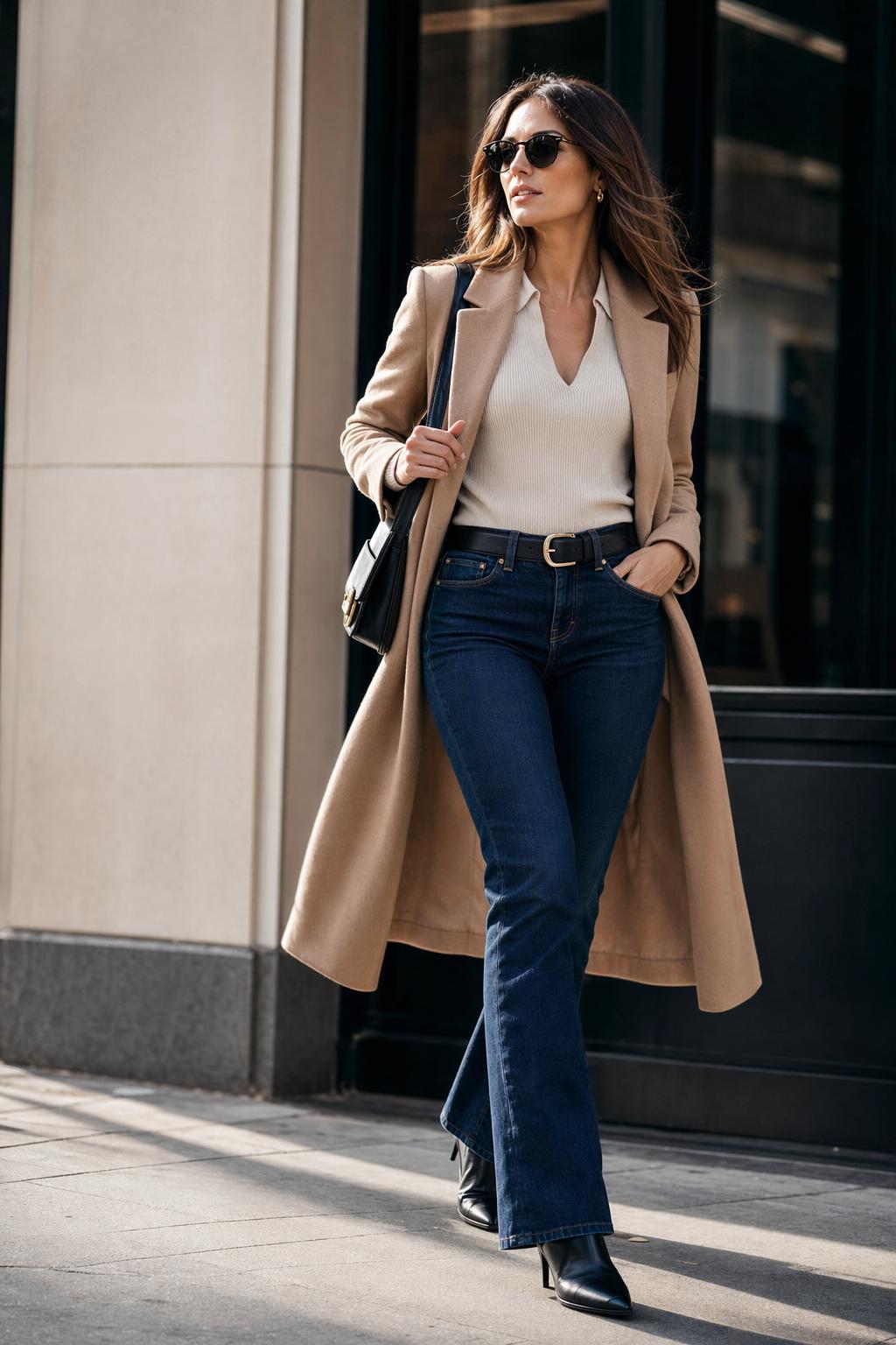 Bootcut jeans outfit with a tailored blazer and ankle boots in a natural street-style photo