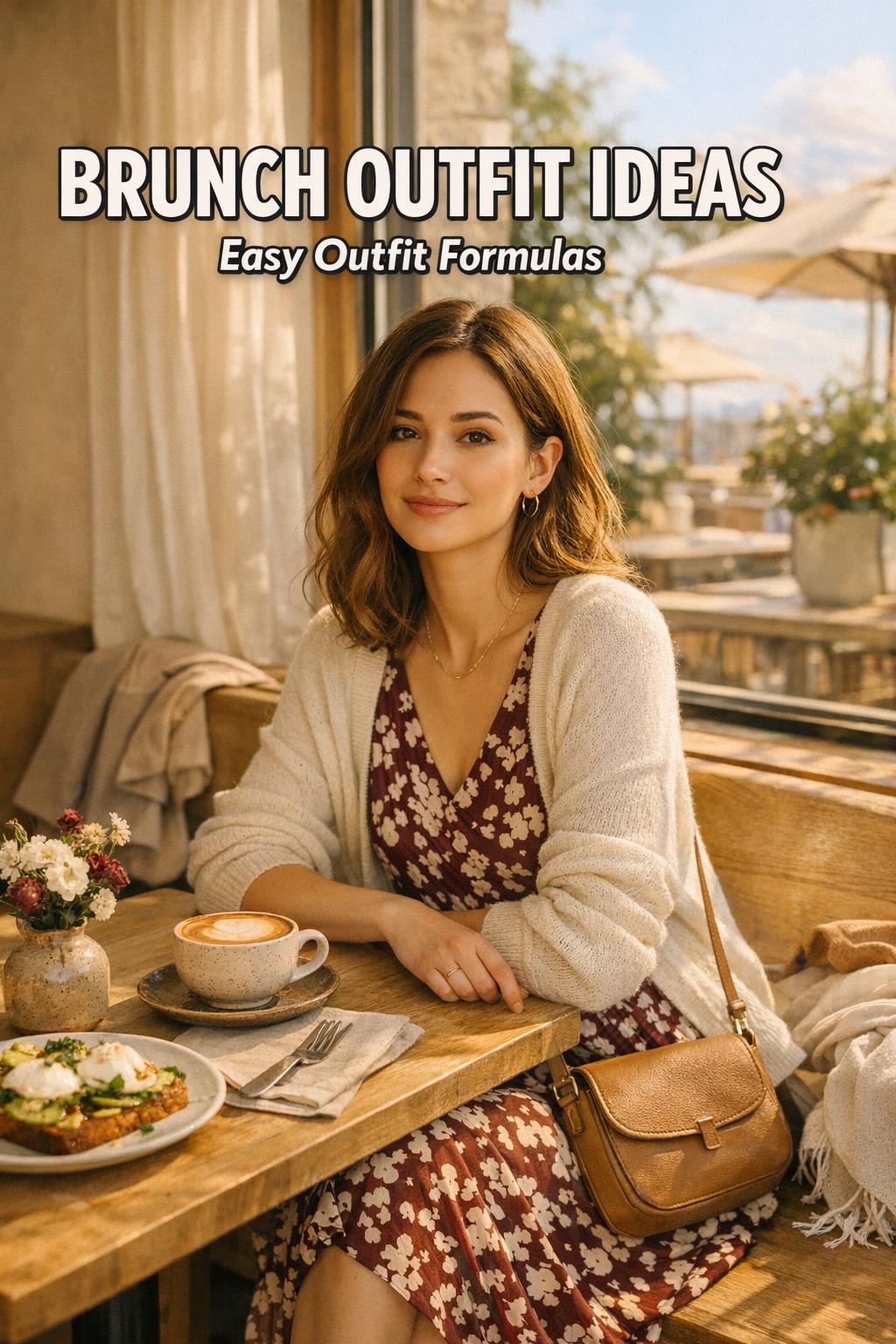 Brunch outfit ideas: stylish woman in midi dress and cardigan at a cozy café brunch table in warm golden-hour light