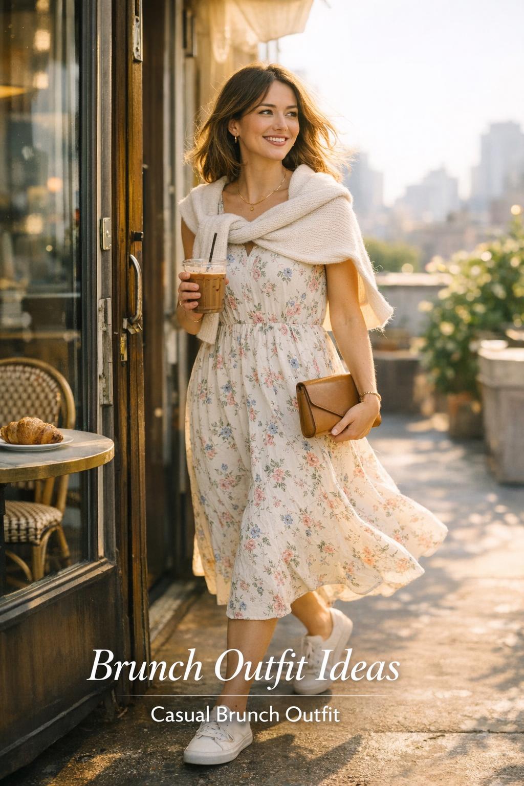 Brunch outfit ideas featuring a chic woman in a floral midi dress leaving a city café with iced coffee at golden hour