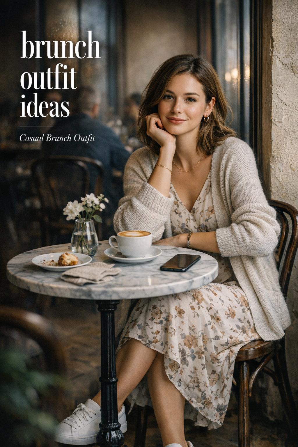 Brunch outfit ideas: chic woman in floral midi dress and cardigan at a sunny upscale café brunch table