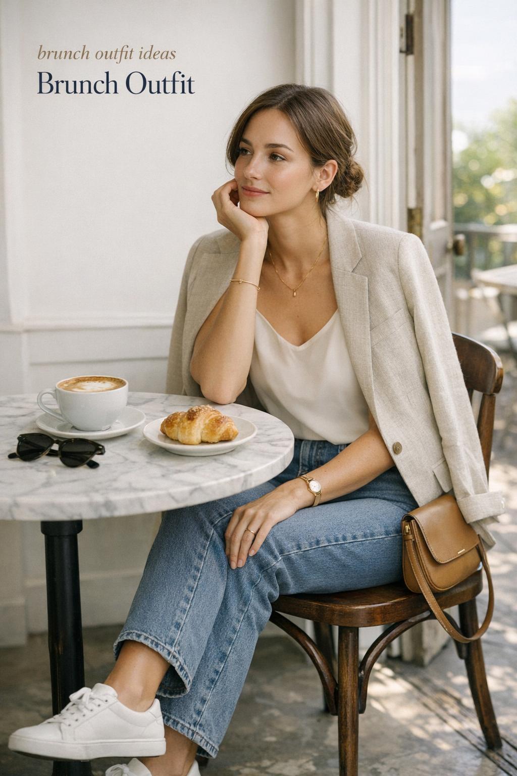 brunch outfit ideas in a bright cafe: chic midi dress with cardigan, cappuccino on marble table, soft daylight