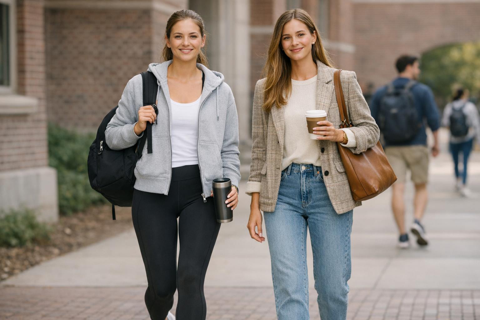 College outfit with jeans, white sneakers, and a denim jacket for a casual-chic campus day
