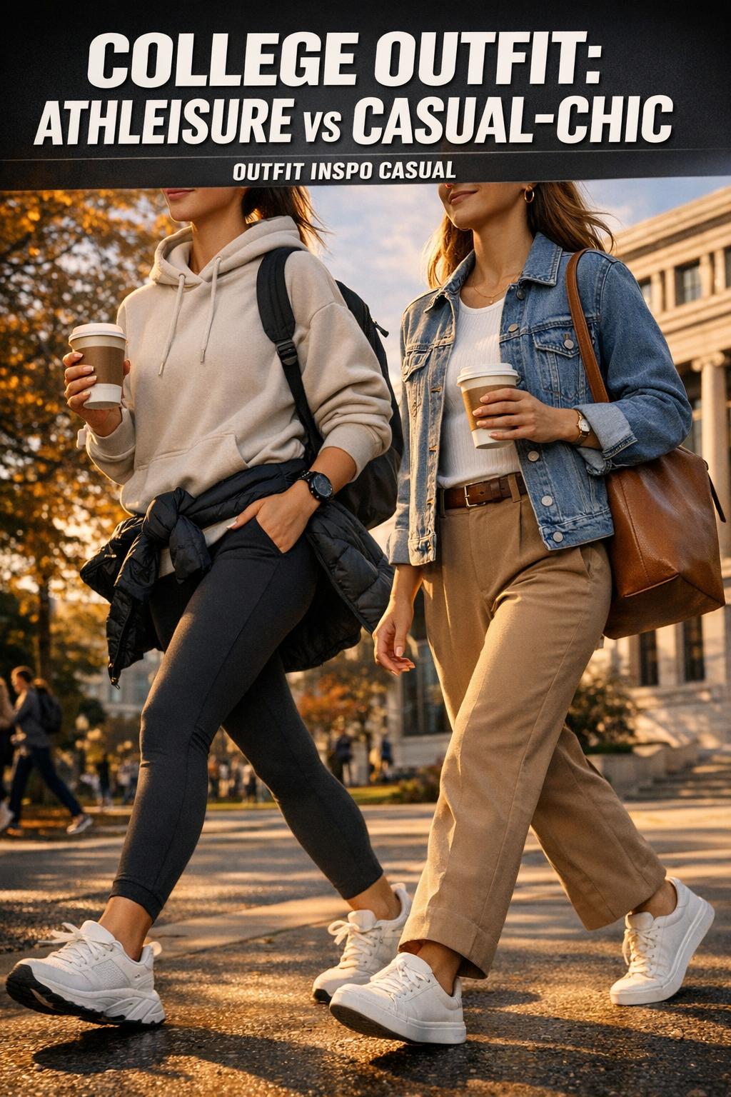 College outfit with casual layered look on campus, featuring a hoodie, jeans, and sneakers