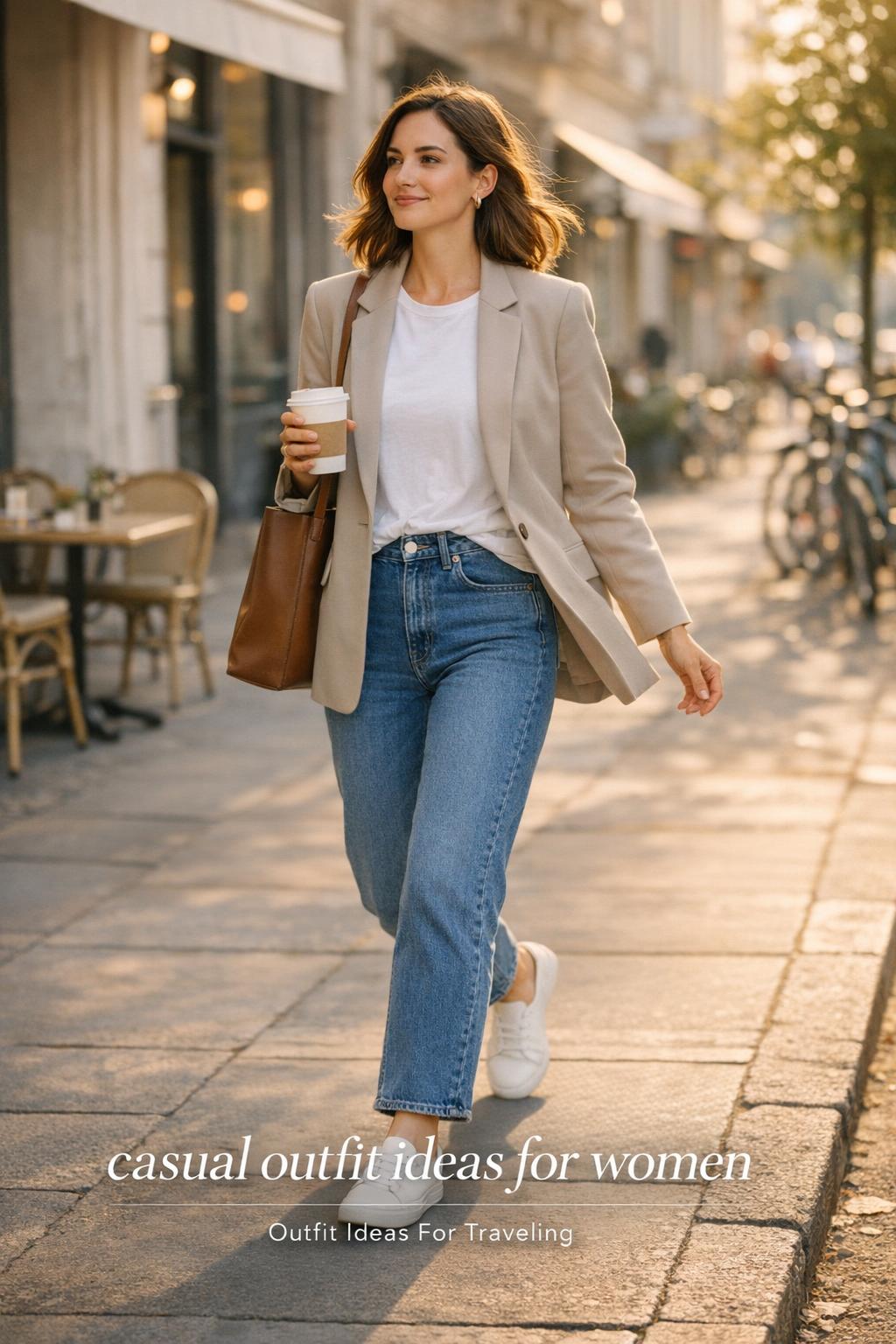 causal outfit ideas for women: stylish woman in blazer, white tee and jeans walking past a European cafe with coffee cup
