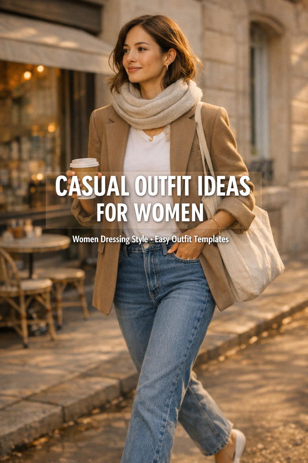 Causal outfit ideas for women on a European sidewalk in golden-hour light, woman in jeans, white tee, and blazer