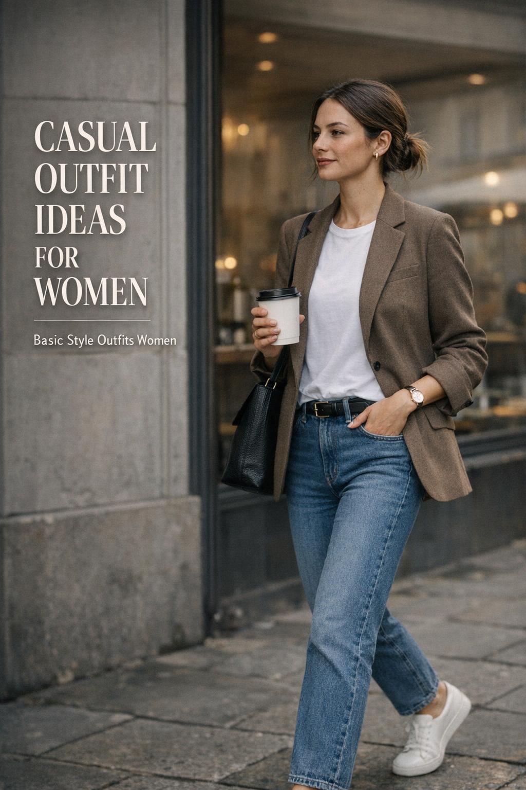 Causal outfit ideas for women on a European sidewalk, stylish woman in blazer, jeans and sneakers with coffee cup
